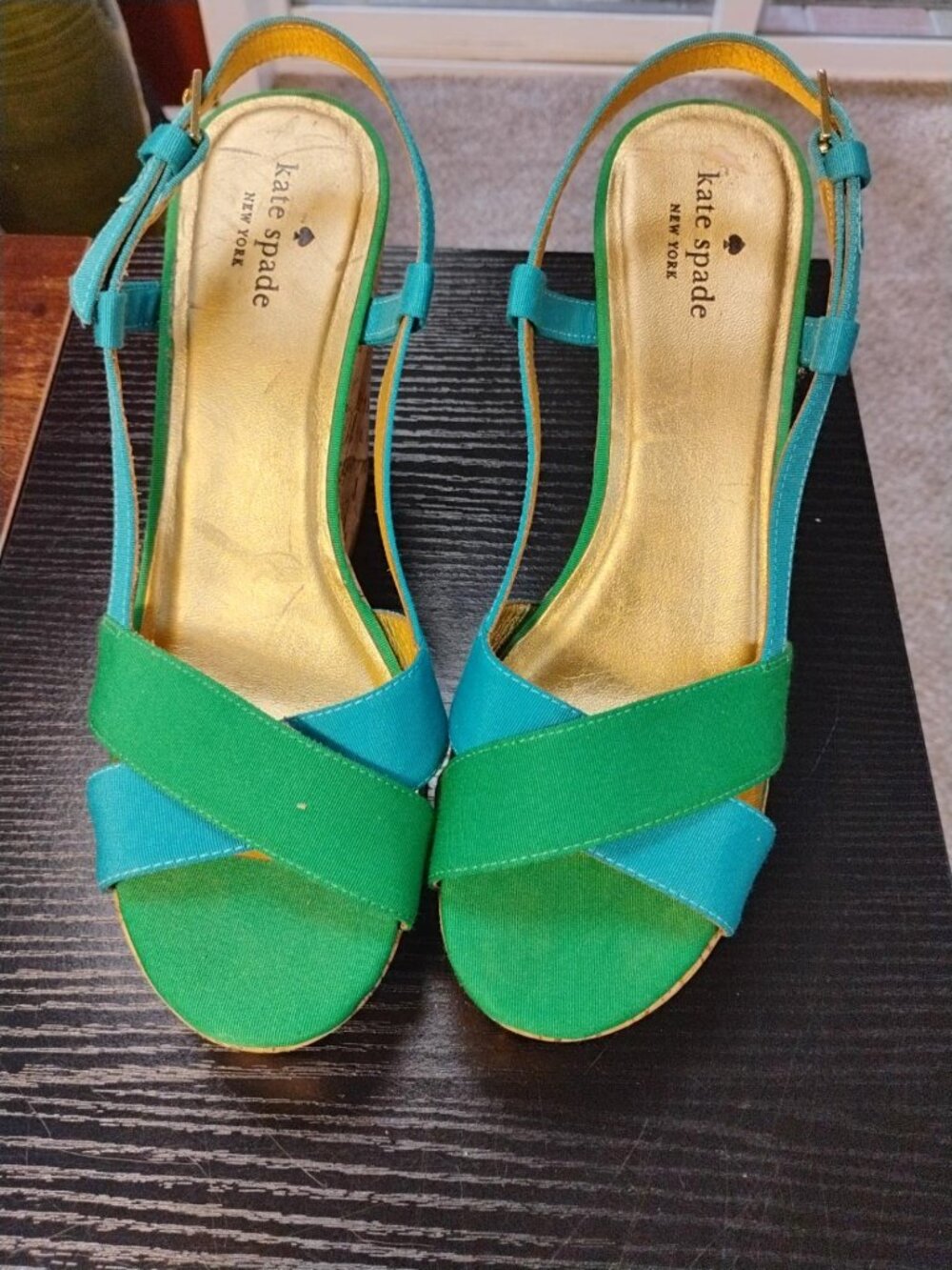 Kate Spade Penny Cork Wedge Sandals Green Turquoise Colorblock Size 9M